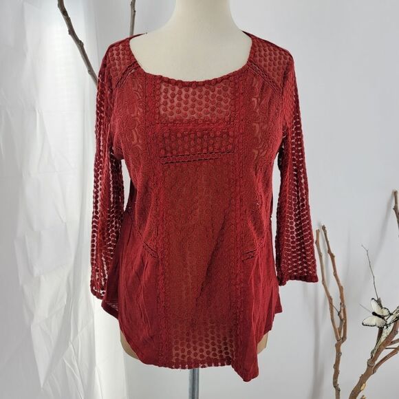 Lucky brand brick red boho top with semi sheer panels - Picture 1 of 12